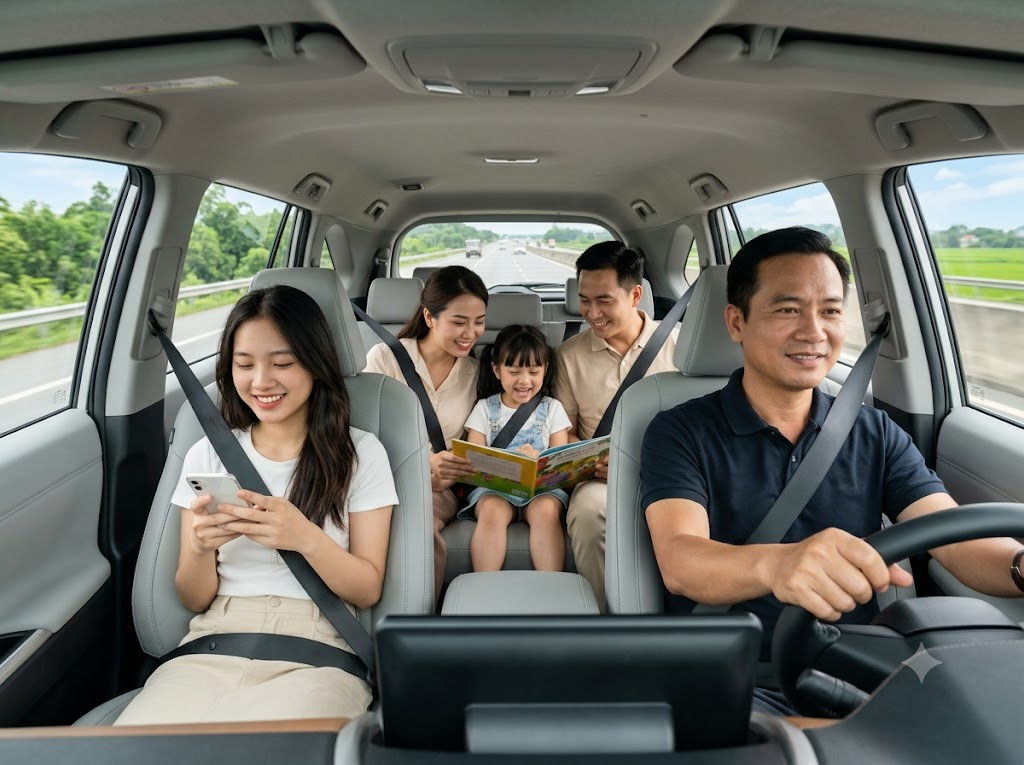 Gia đình hành khách thắt dây an toàn trên xe